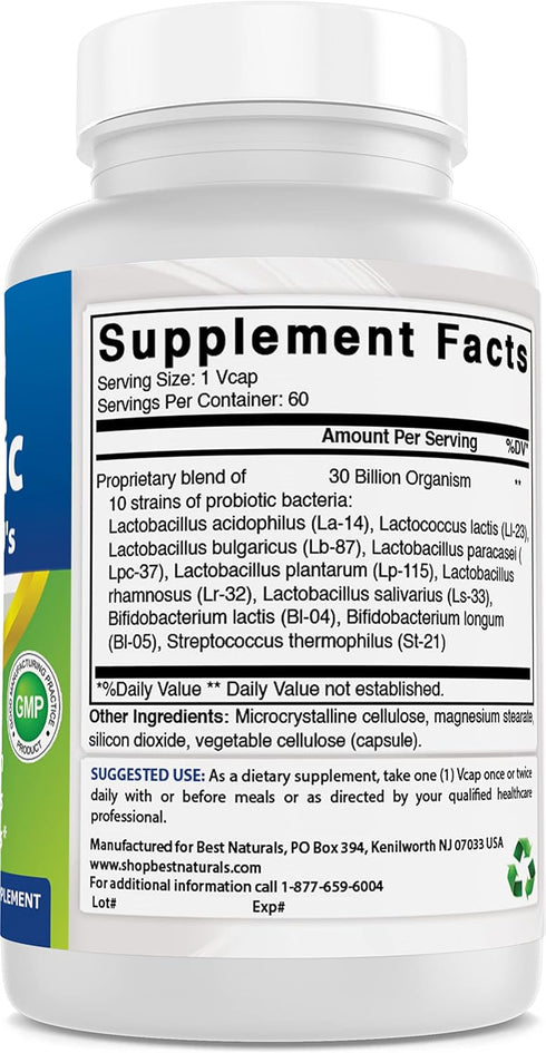 Best Naturals Probiotic, 10 Strains & 30 Billion CFU, 60 Veggie Capsules (Pack of 2)