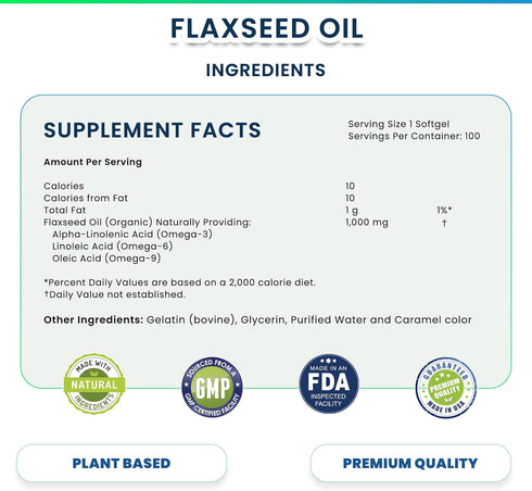 Organic Flaxseed Oil 1,000 mg Omega-3, Immune System Booster with Omega 3,6,9, 100 Rich Liquid Softgels
