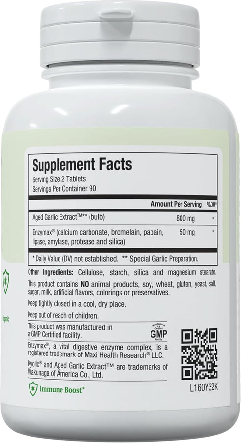 Maxi Health Kyolic Organic Garlic Supplement, Vegetarian Tablets for Immune Support (180 Count)