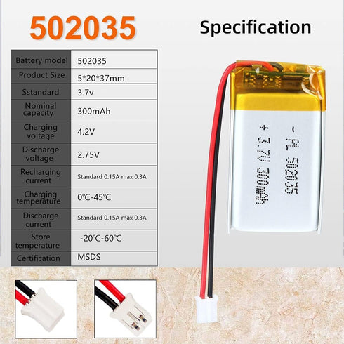 3.7V 300mAh 502035 Lipo Battery, Rechargeable Lithium Polymer Ion Battery Pack with PH2.0mm JST Connector