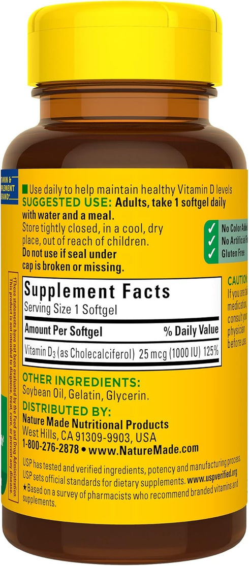 Nature Made Vitamin D3 1000 IU (25 mcg), 100 Softgels, Dietary Supplement for Bone, Teeth, Muscle & Immune Health