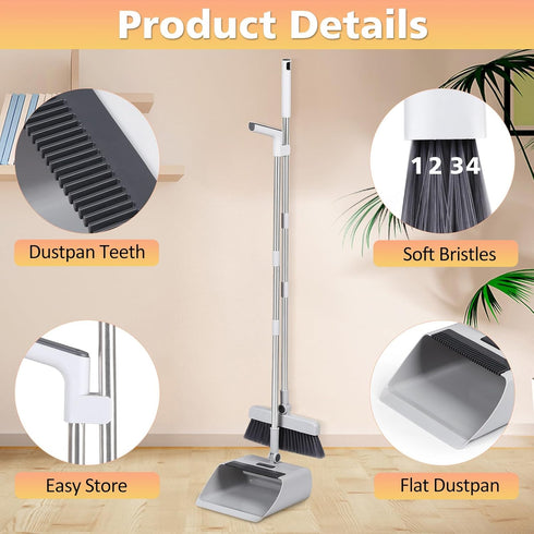 Broom with Dustpan Combo Set, 3 in 1 Brooms for Indoor and Outdoor, Long Handle Heavy Duty for Home Cleaning