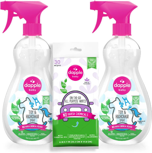 Dapple Toy & Highchair Cleaning Spray Baby, Fragrance Free, 16.9 Fl Oz (Pack of 2) + 30 Count Lavender Wipes