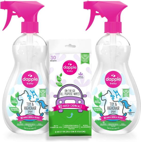 Dapple Toy & Highchair Cleaning Spray Baby, Fragrance Free, 16.9 Fl Oz (Pack of 2) + 30 Count Lavender Wipes