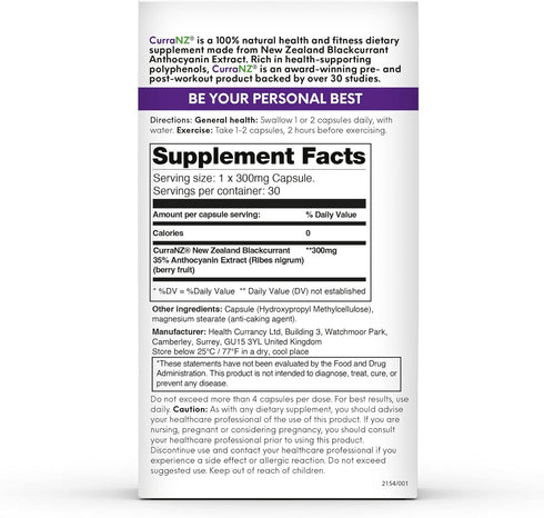New Zealand Blackcurrant Extract Sports Nutrition Capsules, Muscle Recovery, Endurance Performance, 30 Capsules
