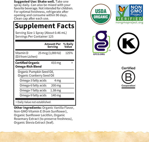 Garden of Life Organics Vegan Vitamin D3, Liquid 1000 IU Per Spray, Vanilla Flavor, 125 Servings