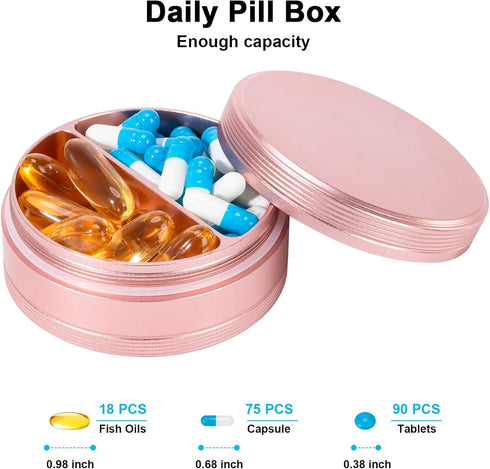 Metal Pill Case 2 Compartment, Waterproof Pill Box for Daily Travel, Compact Container for Vitamins, Fish Oils,