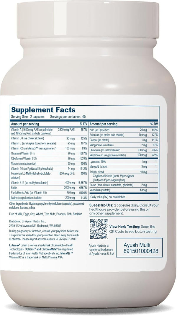 Ayush Herbs Multi - All-Natural High Antioxidant Multivitamin for Women and Men, Daily Vitamins for Adults, Active B