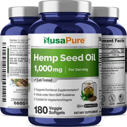 NusaPure Hemp Oil Capsules, 1,000mg Per Serving, 180 Non-GMO Veggie Softgels