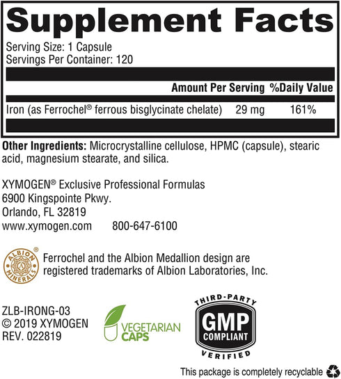 XYMOGEN Iron Glycinate, 120 Iron Capsules, Gentle & Highly Absorbable Iron Supplement for Women & Men, 29mg Patented