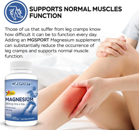 MGSPORT Magnesium Supplement - High Absorption with Vitamins B6, D, E - Relieves Leg Cramps & Muscle Support - 100