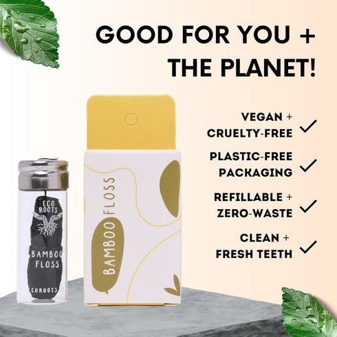 Natural Bamboo Dental Floss: 1 Refillable Glass Container + 3 Biodegradable Floss Refills (33 Yards Each), Eco-Friendly