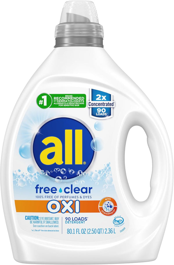 All Liquid Laundry Detergent, Free Clear for Sensitive Skin, Unscented & Hypoallergenic, 2X Concentrated, 90 Loads