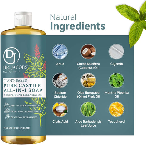 Dr. Jacobs Naturals Peppermint Castile Soap All-Purpose Cleaner, Eco-friendly Plant-Based Formula (32 Fl Oz)