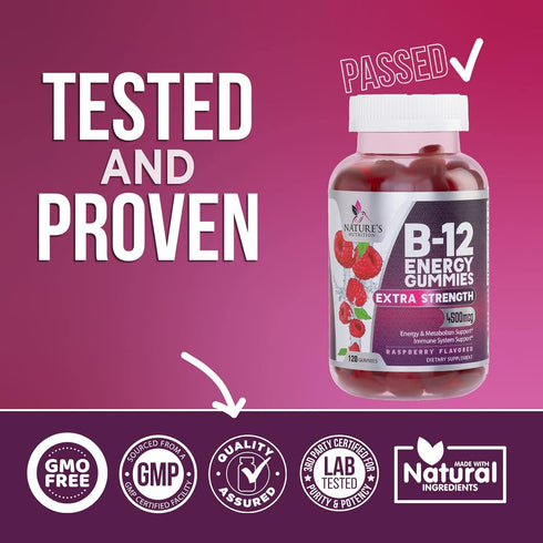 Vitamin B12 Energy Gummies - 120 Gummies, Extra Strength 4500 mcg for Metabolism & Nervous System Support