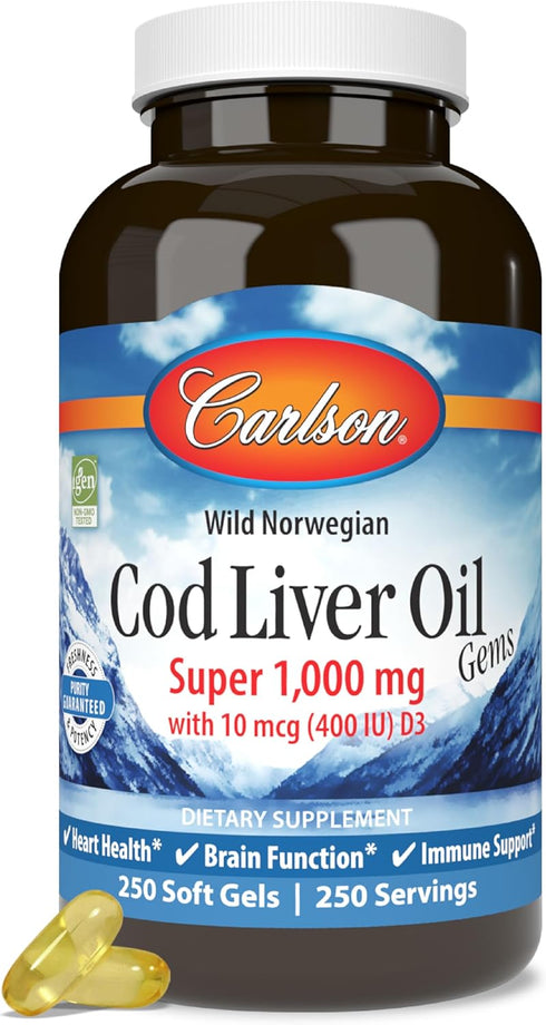 Carlson Cod Liver Oil Gems, 1000 mg, 250 mg Omega-3s, 400 IU Vitamin D3, Wild Caught Norwegian Arctic Cod, 250 Softgels