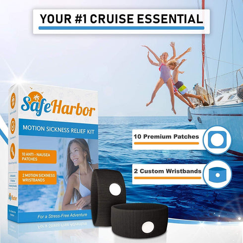 SafeHarbor Motion Sickness Relief Kit for Cruise Essentials, 2 Motion Sickness Bands, 10 Herbal Relief Patches