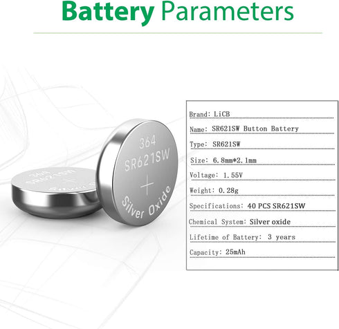 LiCB 40 Pack Watch Batteries SR621SW 364 363,Long-Lasting & Leak-Proof,High Capacity Silver Oxide 1.55V Battery for Watch