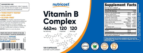 Nutricost High Potency Vitamin B Complex 462mg, 120 Capsules - Energy Complex with Vitamin C