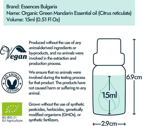 Essences Bulgaria Organic Green Mandarin Essential Oil 0.51 Fl Oz 15ml, 100% Pure Natural for Aromatherapy and Candle