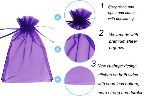 Wudygirl 100pcs Sheer Organza Bags 5‘’x7‘’ - Purple Drawstring Packages for Jewelry, Baby Shower & Party Favors
