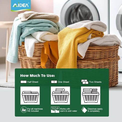 AIDEA Laundry Detergent Sheets, Fresh Scent, 50 Sheets, 100 Loads, Lightweight & Easy To Use for Travel, No Plastic Jug