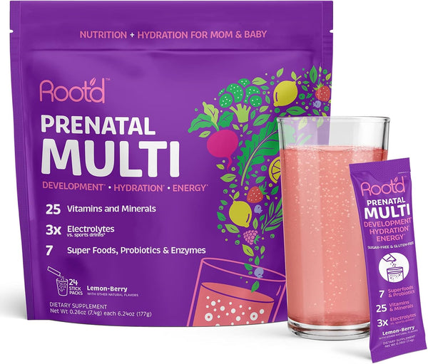 Root'd Prenatal Multivitamin Powder, 25 Vitamins & Minerals, 7 Superfoods & Probiotics, Sugar-Free, 24 Packets