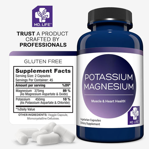 MD. Life Potassium Magnesium Supplement - 90 Capsules, High Absorption Magnesium Complex for Vascular Health