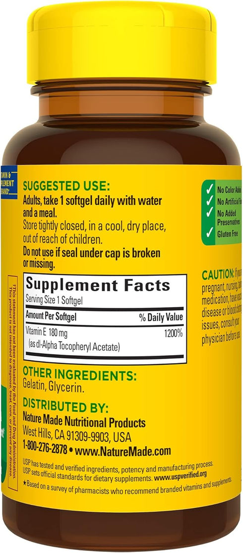 Nature Made Vitamin E 180 mg (400 IU) dl-Alpha, 100 Softgels - Dietary Supplement for Antioxidant Support, 100 Day