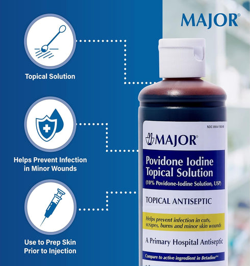 Major Povidone Iodine 10% Unflavored Solution, 8 Fl Oz