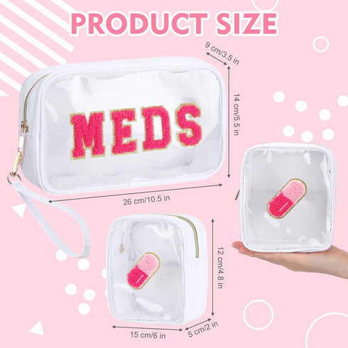Hillban 2 Pcs Medicine Bag, Chenille Letter Preppy Clear Makeup Meds Travel Bag, PVC Transparent Cosmetic Pouch Set