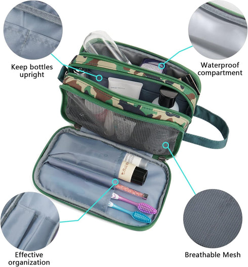 Kids Toiletry Bag for Boys - Waterproof Hanging Wash Bag, Travel Toiletries for Little Young Boys, Dinosaur Camo