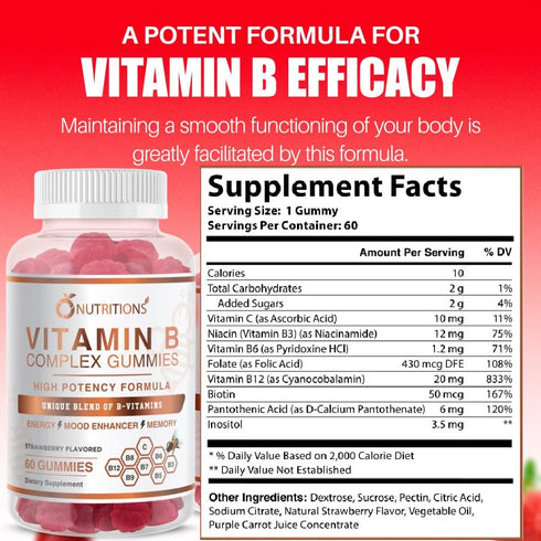 O NUTRITIONS Vitamin B Complex Vegan Gummies with Vitamin B12, B7 as Biotin, B6, B3 as Niacin, B5, B6, B8, B9 as Folate for Stress, Energy and Healthy Immune System (1 Pack)