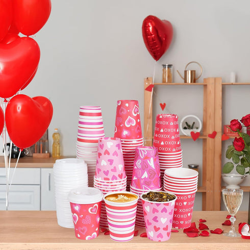 Pascliyna 100 Set 12oz, 5 Valentines Disposable Coffee Cups with Lids Pink Heart Print Disposable Paper Cups, Styles