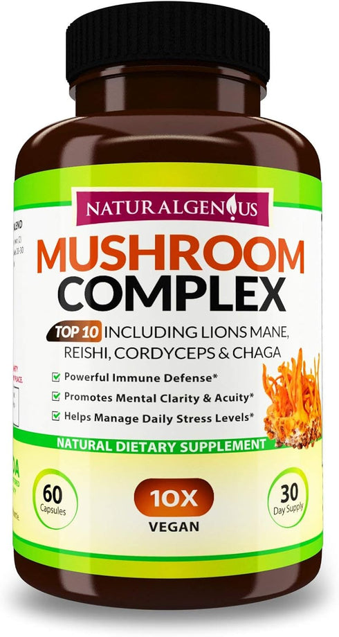 Natural Genius Top 10 Mushroom Extracts - Immune Booster with White Button, Lions Mane, Cordyceps, Chaga, Reishi Plus