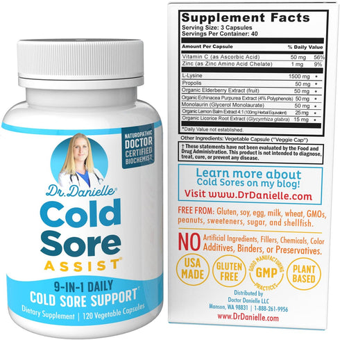 Best Cold Sore Supplement with Lysine and Lemon Balm - Dr. Danielle Cold Sore Assist - 120 Capsules
