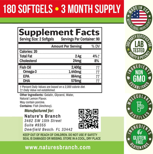 Best Triple Strength Omega 3 Fish Oil Pills - 180 Capsules, 2400mg High Potency Burpless Lemon Flavor for Heart Health