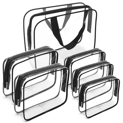 APREUTY Clear Makeup Bags, TSA Approved 6 Pcs Cosmetic Makeup Bags Set, Clear PVC with Zipper Handle for Travel