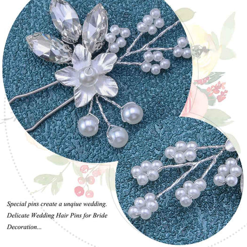 Heread Crystal Bride Wedding Hair Pins, Silver Flower Bridal Head Piece, Pearl Hair Accessories (Pack of 3)