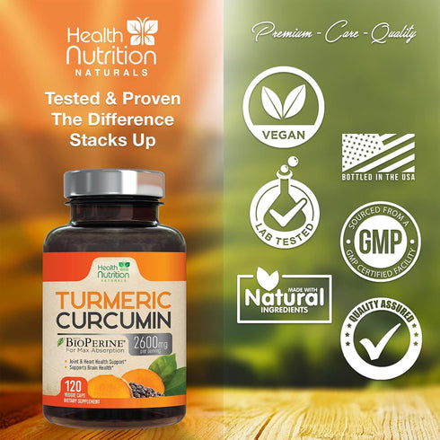 Turmeric Curcumin 2600mg with BioPerine Black Pepper Extract, 120 Capsules, Non-GMO, Joint Support