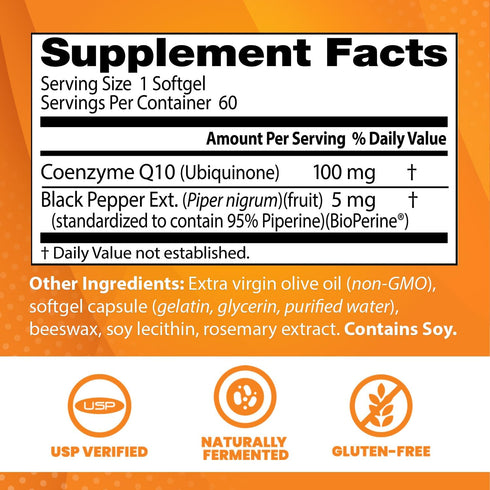 Doctor's Best High Absorption CoQ10 with BioPerine, Gluten Free Naturally Fermented, Heart Health & Energy Production, 100 mg, 60 SoFtgels