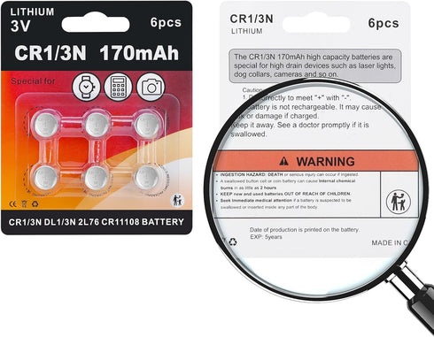 JOXIYECLTL 6 Pack 1/3N CR1/3N DL1/3N 3V Lithium Battery High Capacity for Laser Sights Camera Pet Electronic Collars
