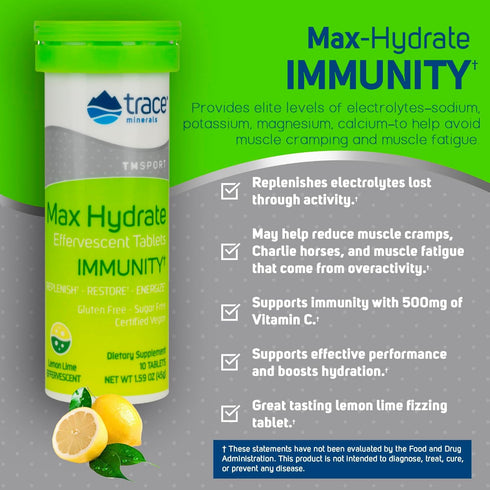 Trace Minerals MAX Hydrate Immunity - High Performance Electrolyte Fizzing with Magnesium, Sodium, Potassium, Vitamin C