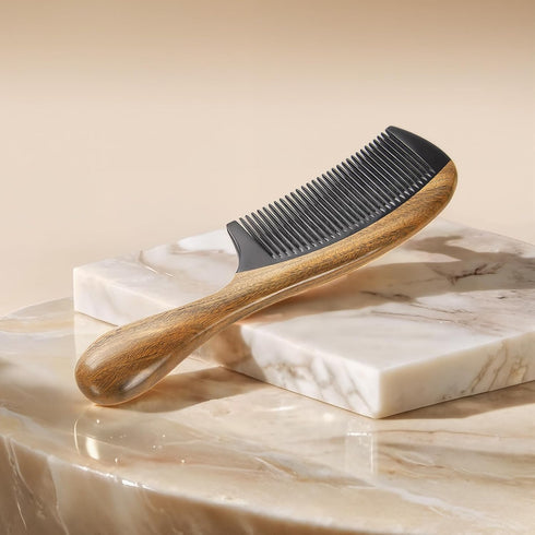 Onedor Handmade Hair Combs - Buffalo Horn and Sandalwood, Anti-Static Wooden Detangler (Fine Tooth)