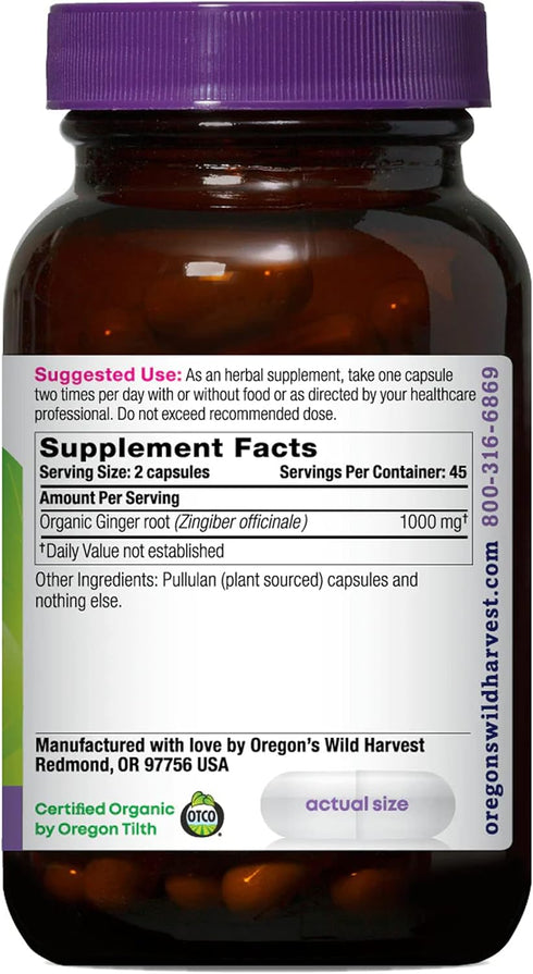 Oregon's Wild Harvest, Certified Organic Ginger Capsules for Stomach Support, Non-GMO, 1000 mgs, 90 Count