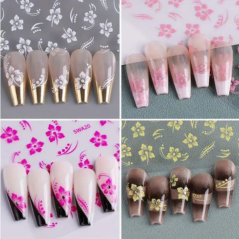 4Pcs Flower Nail Stickers for Nail Art, 3D Self-Adhesive Hibiscus Decals in White Pink Yellow for Women DIY Manicure