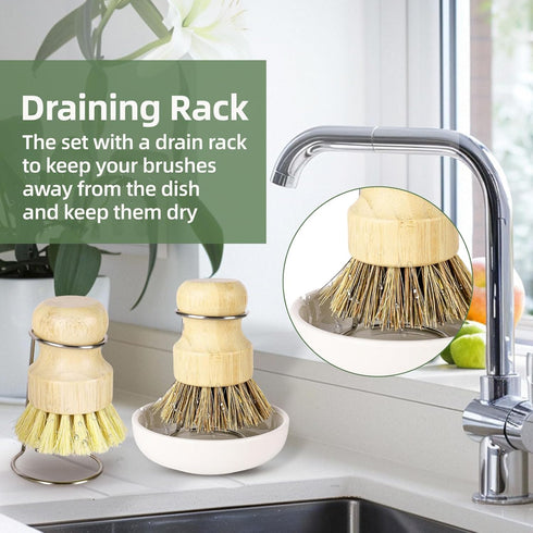 Set DEBETOOL Bamboo Dish Brush with Holder - Natural Dish Scrub Brush for Cleaning Dishes, Fast Dry Design Kitchen Dish