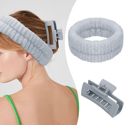 4Pcs Gray Spa Headband and Face Washing Wristbands Set, Makeup Headband, Hair Claw Clip for Washing Face