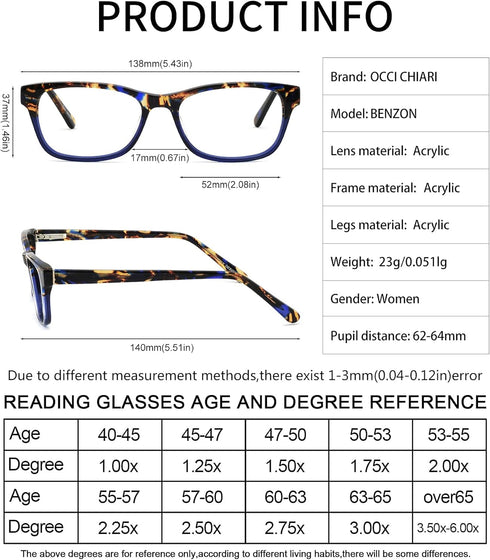 OCCI CHIARI Blue Light Magnifying Reading Glasses for Women 2.0 Anti Glare Eyestrain Spring Hinge Readers