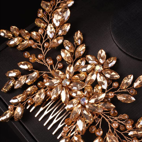 Women’s Dainty Large Champagne Flower Crystal Pearls Hair Comb Headband, Luxurious Bridal Hair Accessories
